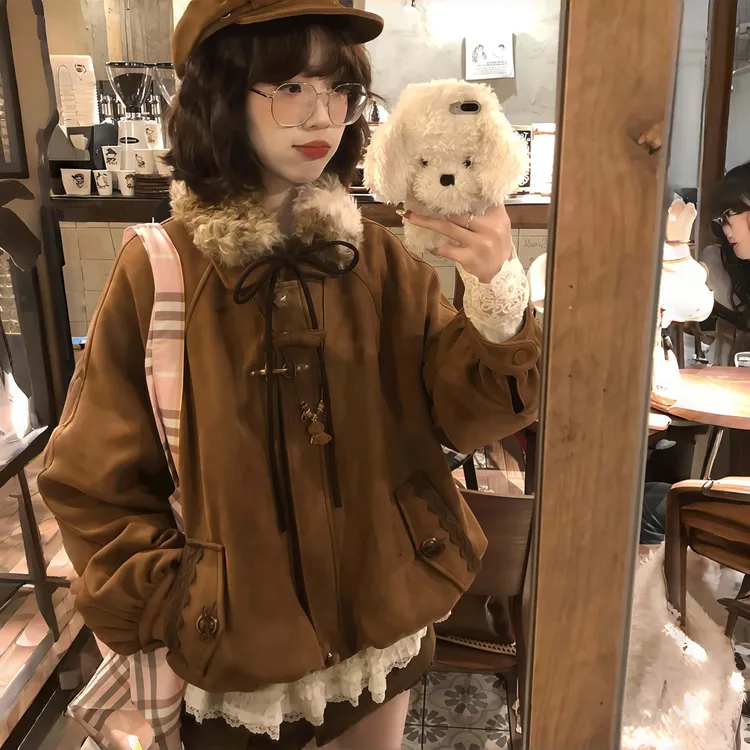 蝴蝶结毛领鹿皮绒棉服女冬季复古夹棉加厚保暖vintage花苞厚外套