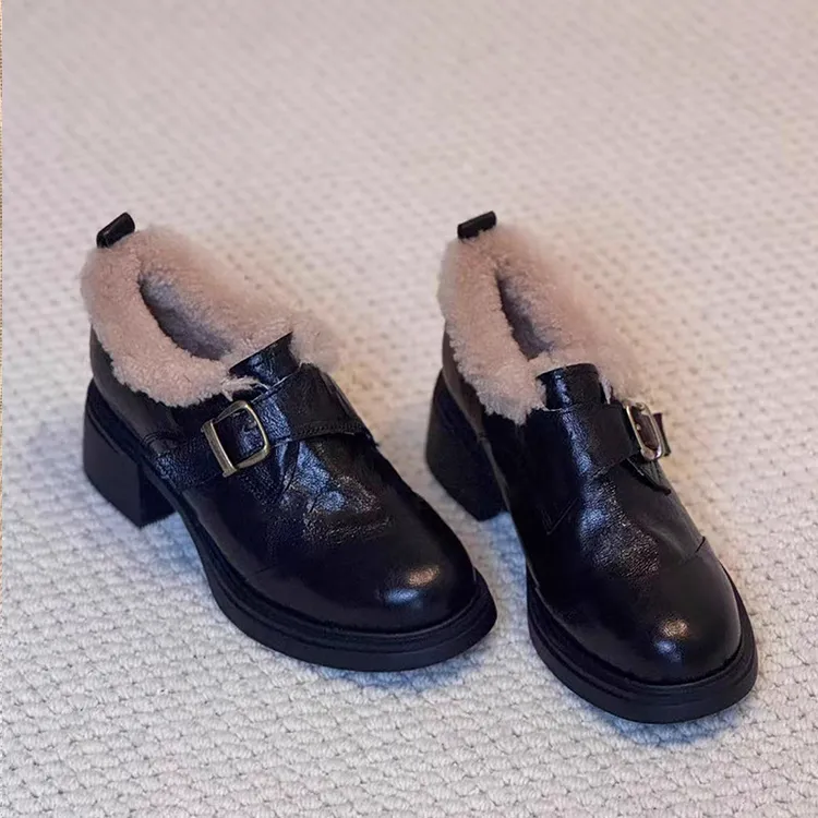 羊皮版~复古加绒乐福鞋女2025新款英伦粗跟棉鞋保暖毛毛鞋小皮鞋