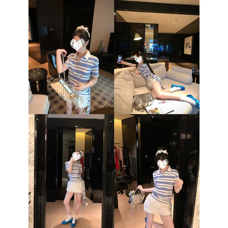 艺等美式复古蓝色条纹翻领polo衫短袖T恤女夏季正肩休闲撞色上衣