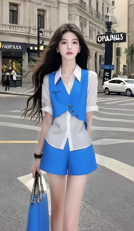 夏季新款不规则蓝色衬衫领修身短袖上衣+蓝色百搭显瘦短裤女套装