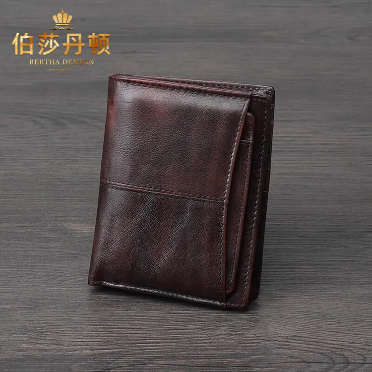 伯莎丹顿复古男士钱包短款真皮植鞣皮手工做旧多卡位卡包时尚敞口