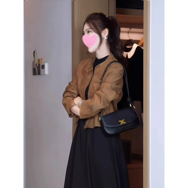 张元一同款女装美拉德复古咖色麂皮绒外套女秋季时髦炸街短款上衣