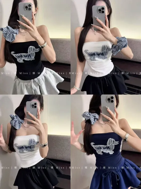 格子刺绣小狗吊带背心女夏季辣妹一字肩抹胸小上衣带胸垫裹胸外穿