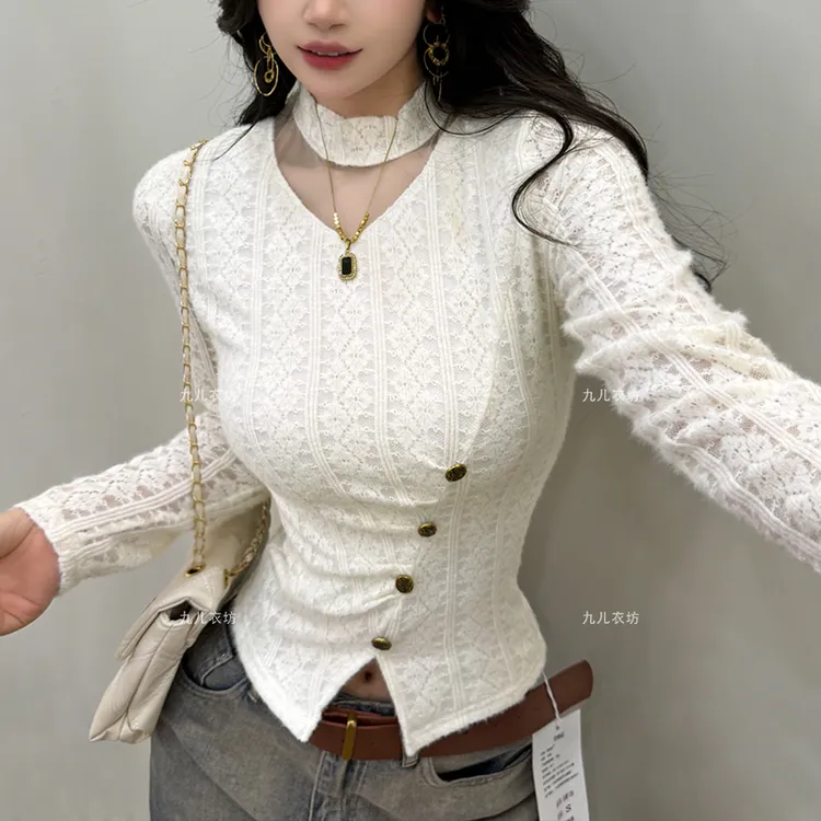 2025秋冬新款加绒半高领镂空蕾丝女内搭高级感修身T恤打底衫1130