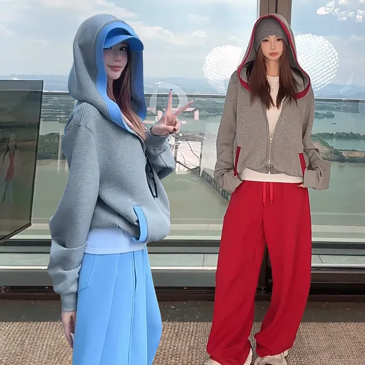 2025春秋新款拼色连帽外套阔腿裤套装女韩系时尚休闲运动服两件套
