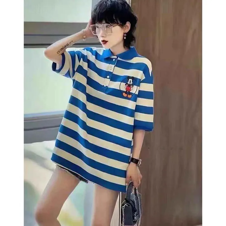 polo米奇条纹短袖t恤女夏季欧货大牌T恤大码运动休闲中长款上衣