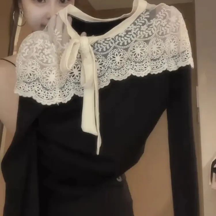 拼接长袖系带简约简约通勤蝴蝶女蕾丝常规圆领T恤4737