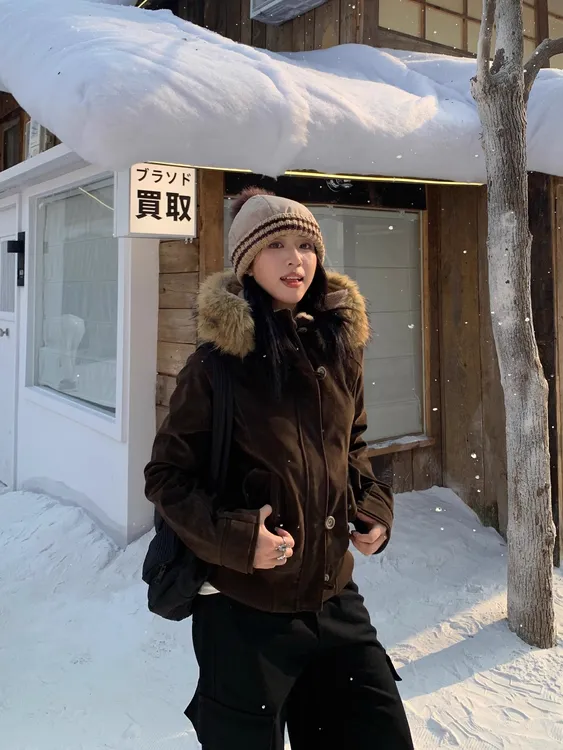 BINXLAN原创美式复古棕色外套女vintage时尚高级感加绒夹克冬季