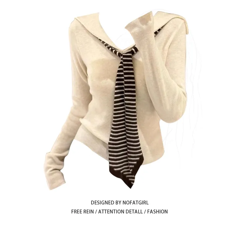 2025早秋新款穿搭女韩系宽松海军领修身针织衫撞色条纹披肩两件套