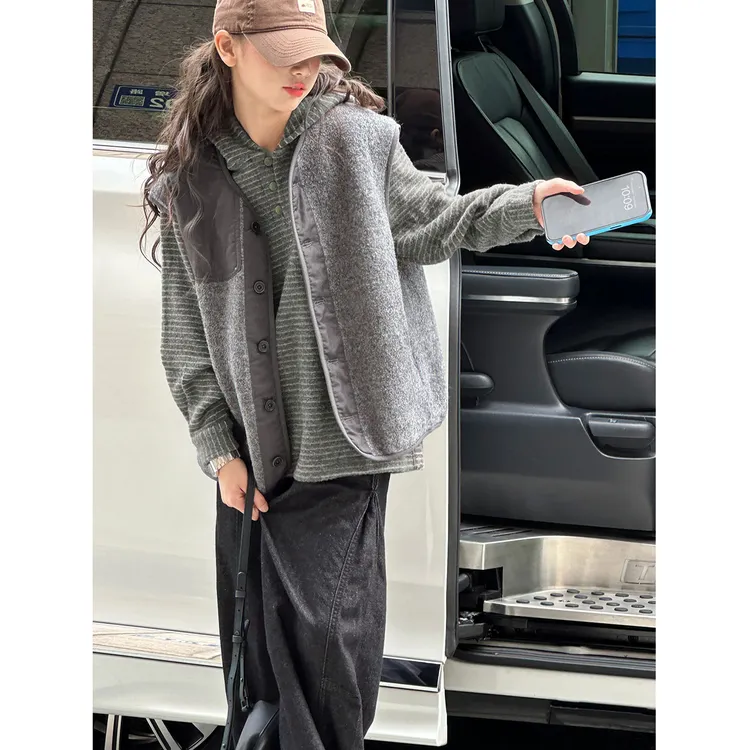 K29903孙小美拼接女童毛呢马甲2025秋冬装新款儿童加厚上衣坎肩潮