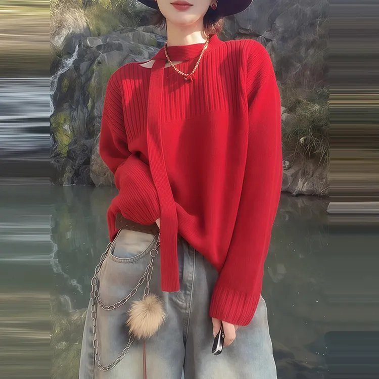 法式甜美温柔风斜肩飘带针织衫上衣女冬季宽松显瘦高级感红色毛衣