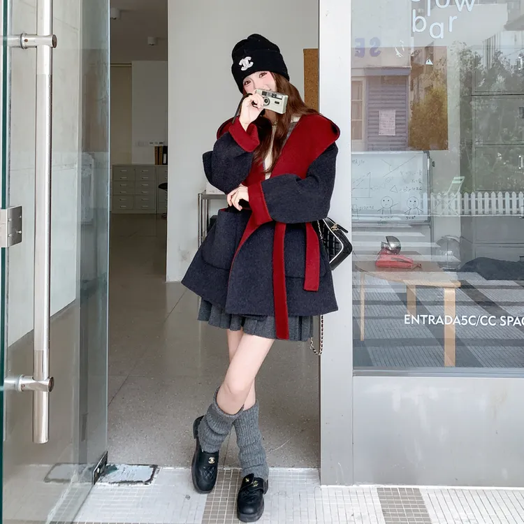 连帽双面羊绒大衣女秋冬新款宽松系带斗篷茧型羊毛呢外套小个子