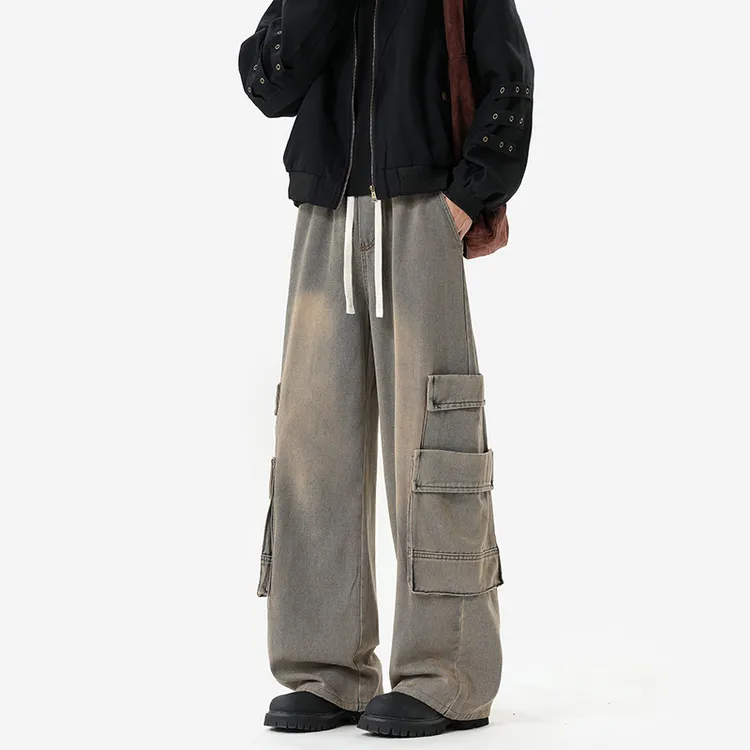 黄泥染大口袋工装牛仔裤男秋季美式宽松阔腿裤潮牌高级感直筒长裤