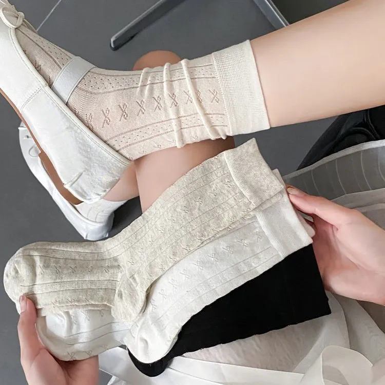 春夏季韩国简约暗纹蝴蝶结中筒百搭薄棉miu风慵懒堆堆袜子女纯色