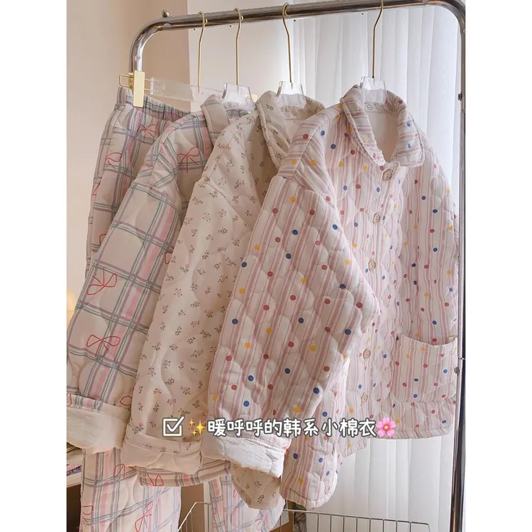 韩系甜美卡通印花保暖夹棉睡衣女冬季大码可外穿家居服套装可外穿