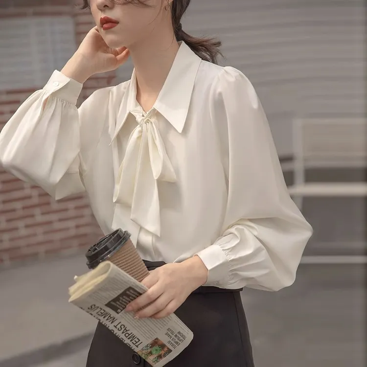 2025春秋新款灯笼袖蝴蝶结衬衫白色内搭衬衣女正装系带设计感上衣