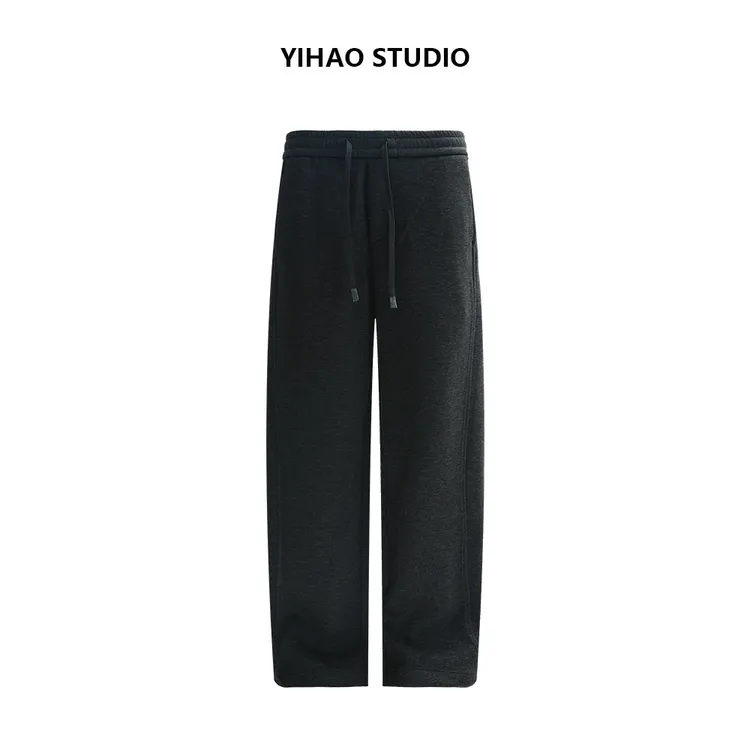 YIHAO STUDIO秋冬男士弯刀休闲裤羊毛醋酸纯色宽松针织潮牌卫裤