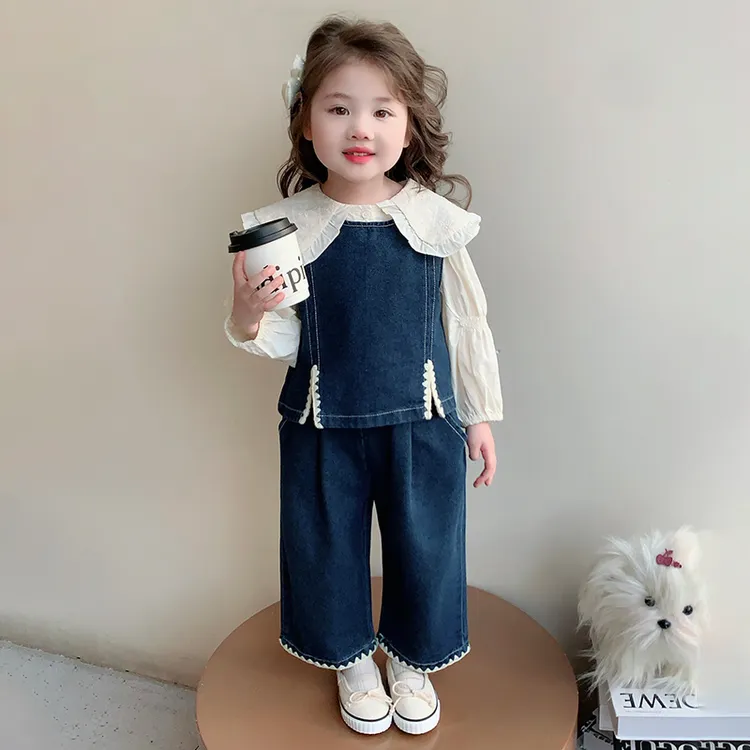 女童春季套装洋气娃娃领衬衫马甲三件套春秋款小女孩休闲春装2025