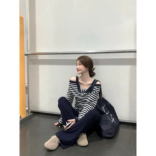 韩系条纹甜辣风一字肩长袖t恤女秋季假两件气质纯欲慵懒风女装