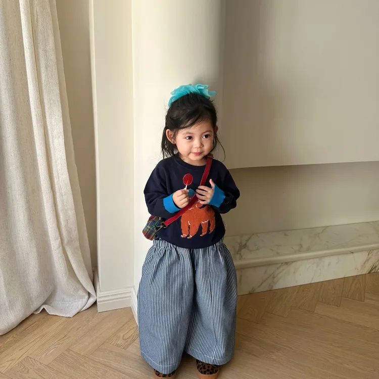 壹妈韩版童装女童时髦套装秋装洋气儿童藏蓝色毛衣蓝色条纹休闲裤