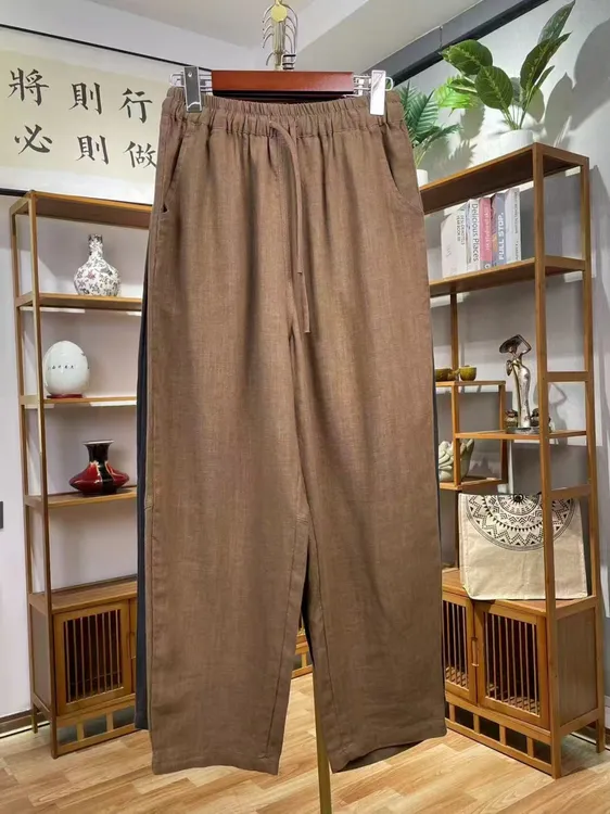 法国北纬100%雨露亚麻2025春夏新款高腰深裆小脚哈伦裤细支纱洗
