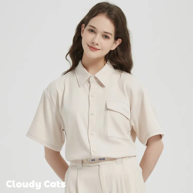 猫猫云CloudyCats垂坠感衬衫蓝色白色明线设计感宽松休闲百搭