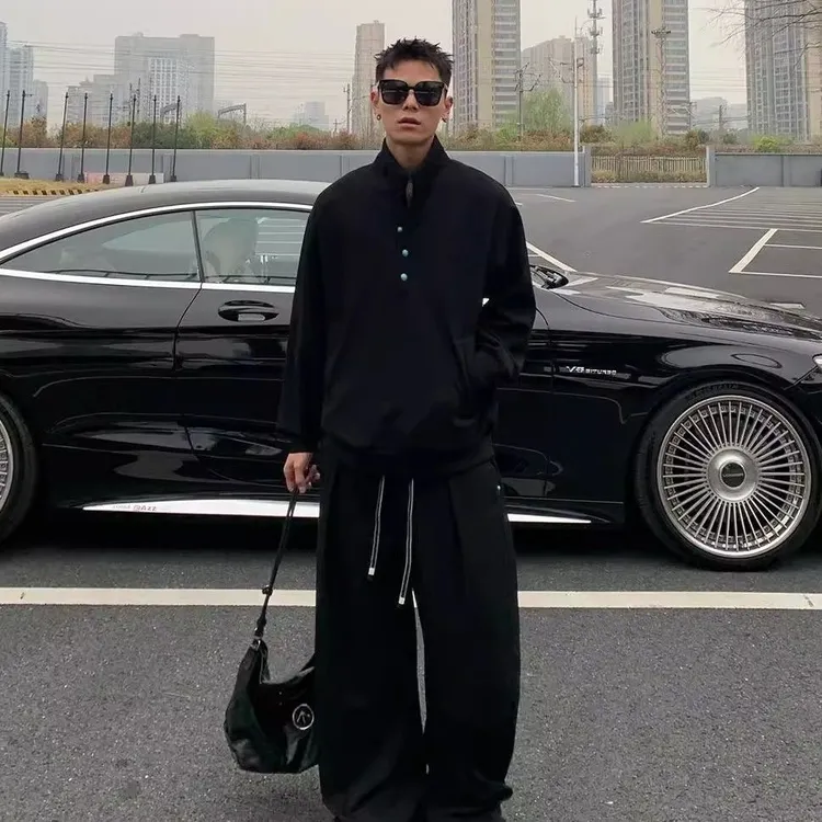 网红爆款简约时尚休闲运动套装男秋大码宽松翻领卫衣休闲裤两件套