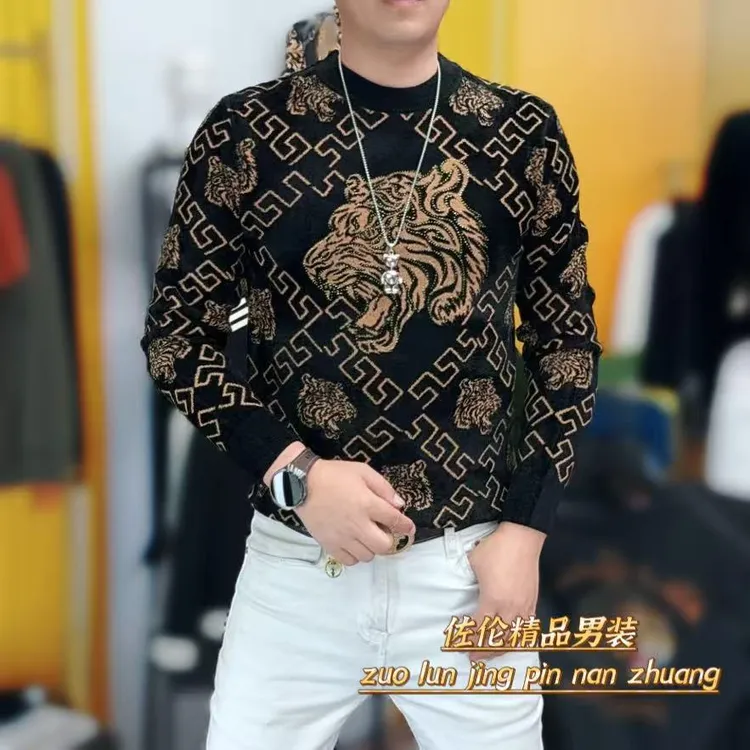 6610修身型套头圆领保暖男士针织时尚耐磨长袖虎头毛衣