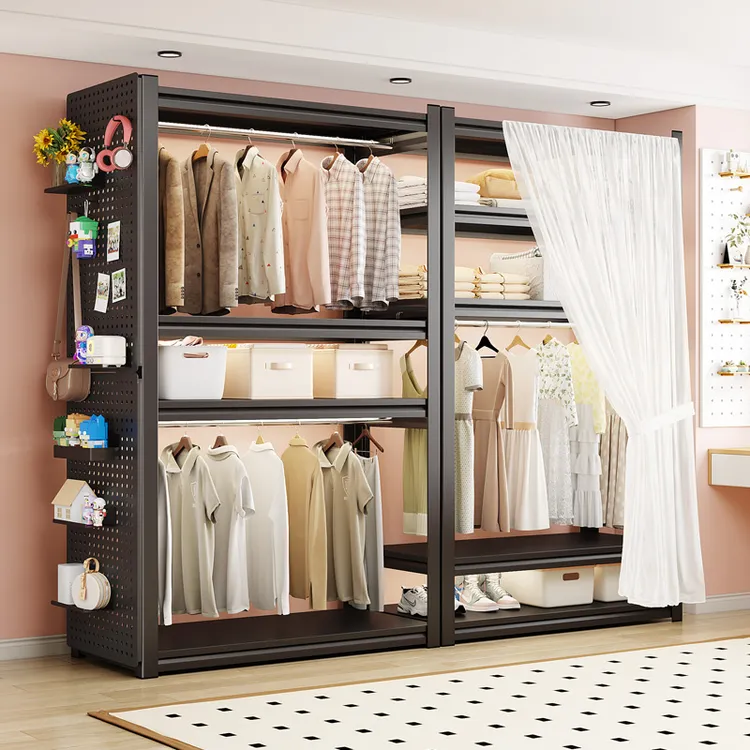 钢制衣架收纳架子家用卧室简易置物架出租房衣帽间开放式货架衣柜