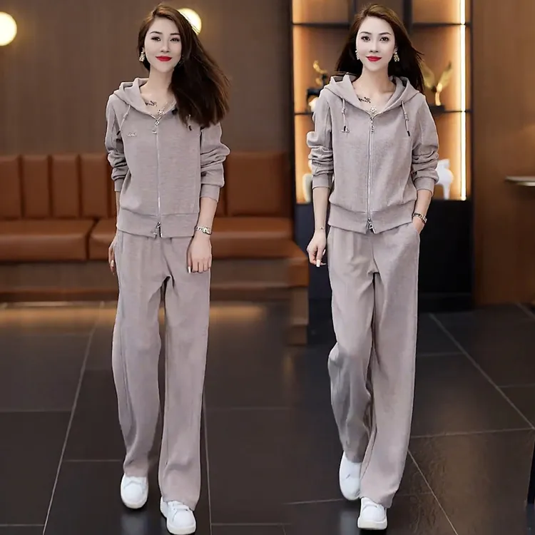 2025秋季时尚运动服套装长袖开衫新款洋气连帽卫衣阔腿裤两件套秋