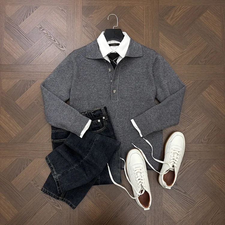 LANSIM· 意式老钱风羊毛混纺秋冬季翻领毛衣男士保暖polo针织衫