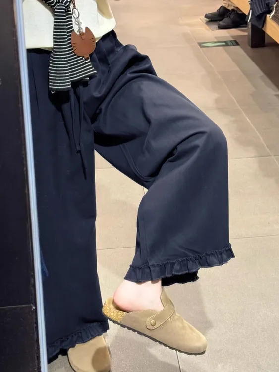 咖色木耳边阔腿休闲裤女秋冬季大码胖mm遮肉显瘦慵懒风工装直筒裤