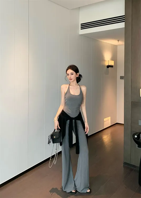 垂垂裤翻折腰头多色微喇叭休闲显瘦长裤背心套装#A758