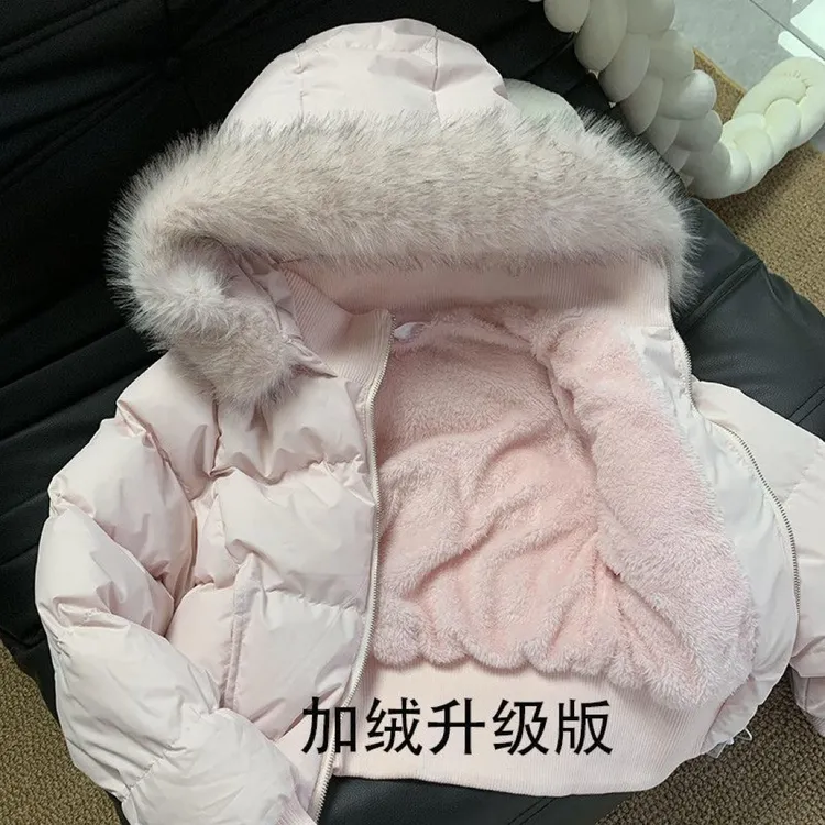 特调粉毛领连帽修身短款冬季可拆卸毛领显身材收腰外套