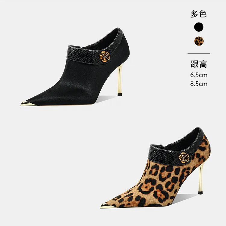 2025年新款欧美风性感尖头侧拉链短靴女高跟欧美豹纹马毛绒里裸靴