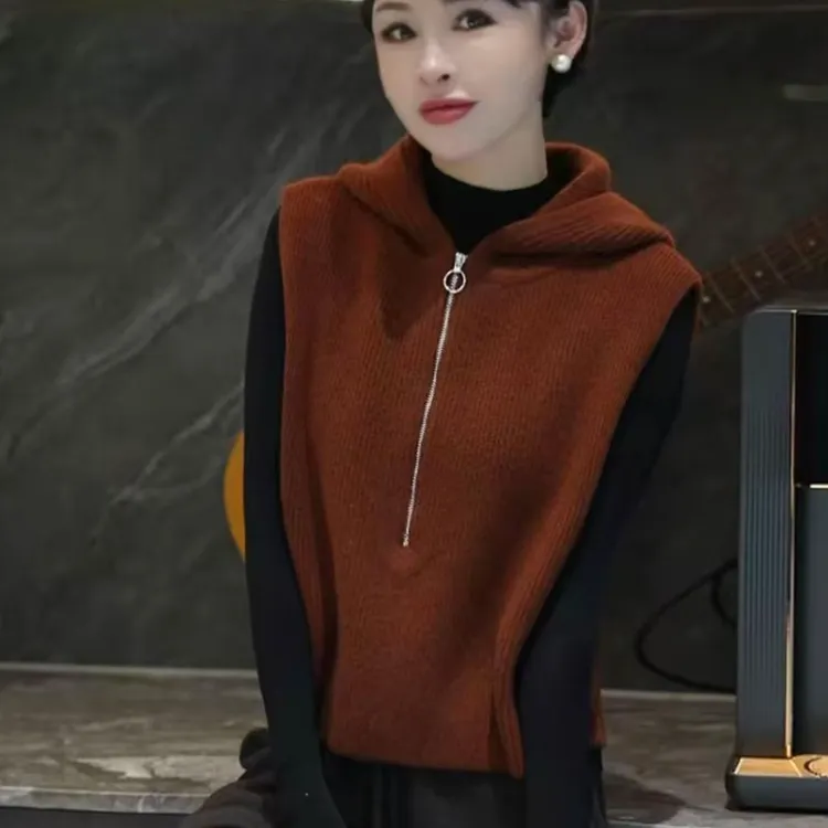 欧货毛衣纯色针织打底衫马甲2025秋冬季连帽设计感洋气上衣服女装