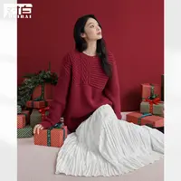 对白复古简约慵懒风红色毛衣女2025冬季新款肌理感宽松圆领针织衫