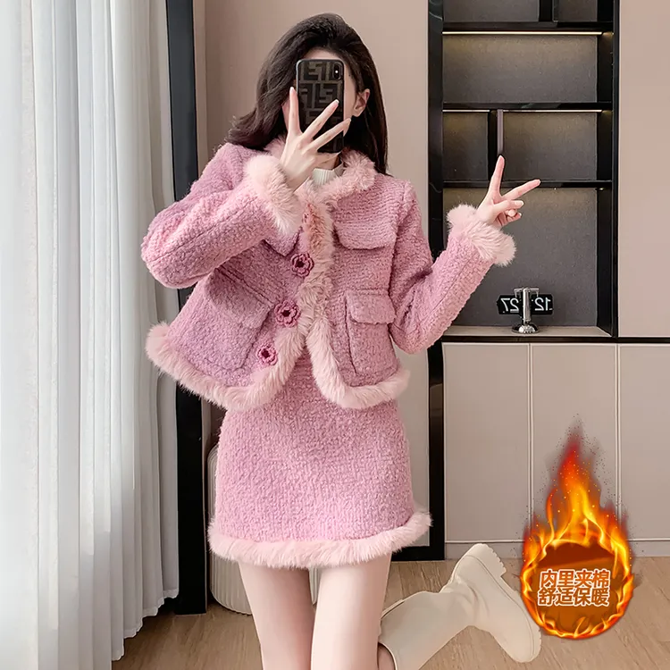 秋冬新款加厚名媛小香风套装裙女洋气玫瑰短外套A字半身裙两件套