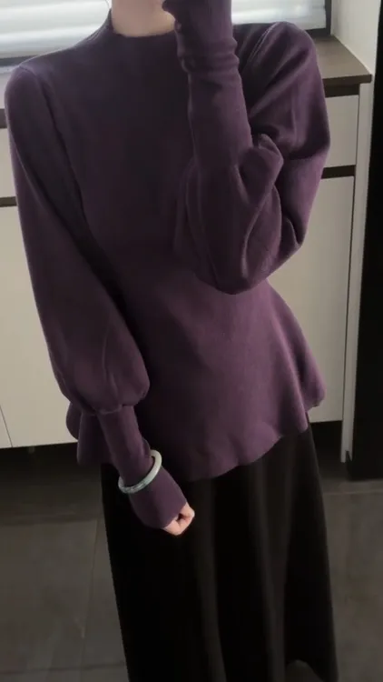 韩版气质温柔长袖针织衫女装2025秋冬百搭高级感收腰修身紫色上衣