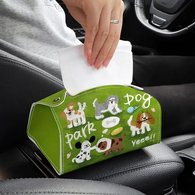 踏青狗狗小众创意卡通抽纸盒车内化妆品收纳盒车载车用挂式抽纸盒