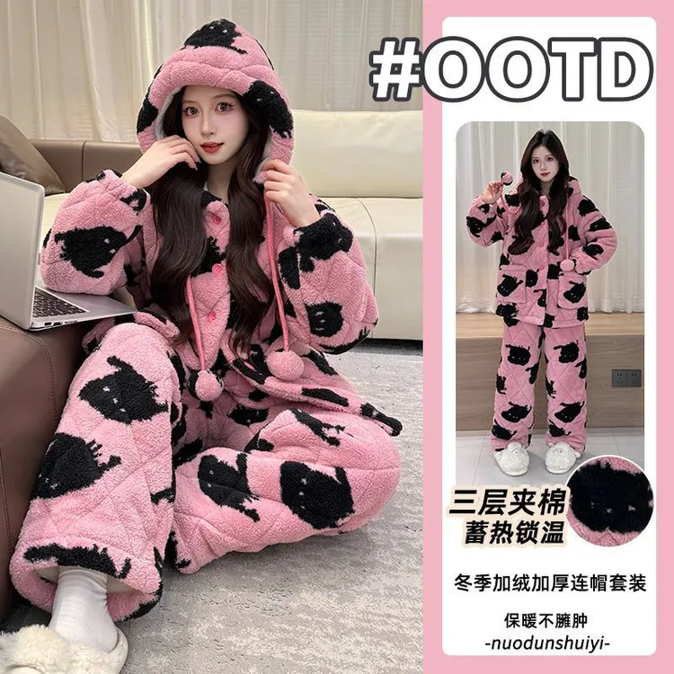 三层夹棉连帽家居服珊瑚绒保暖加绒加厚2025冬季半边绒睡衣女外穿