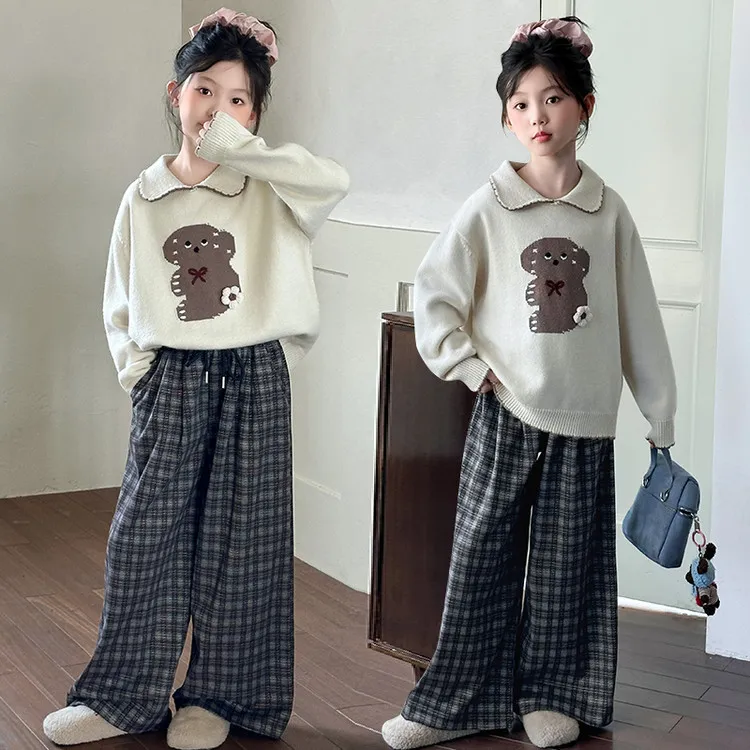 女童秋冬甜美学院风毛衣格子直筒裤套装2025新款洋气加厚保暖上衣