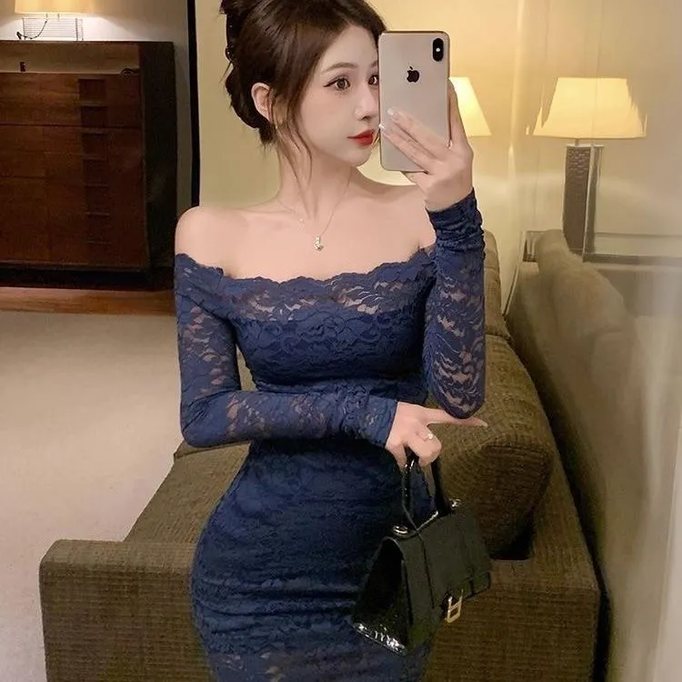 纯欲辣妹法式蕾丝一字肩修身包臀连衣裙短款打底裙