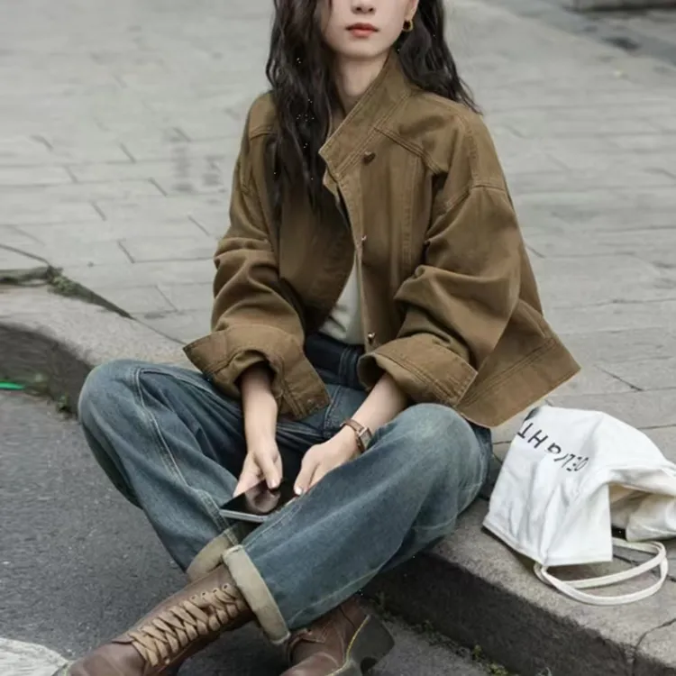 PERIKAS2025春秋ins复古咖色宽松百搭立领工装夹克上衣牛仔短外套