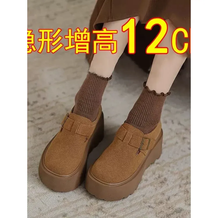 真皮厚底勃肯鞋女12CM小个子厚底内增高矮子乐增高10-12厘米女鞋