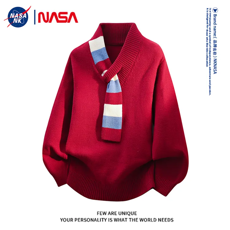NK NASA联名围巾领设计感红色毛衣男女同款情侣保暖秋冬季针织衫 