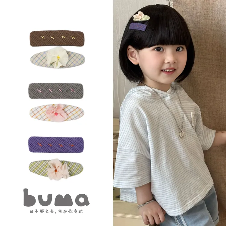 buma发夹女2025新款高端儿童发卡-白茶少女-肌理格纹发夹女孩发夹