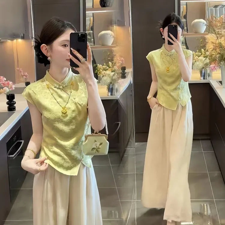 超火夏装一整套新中式国风年轻款盘扣改良唐装上衣裤子两件套836