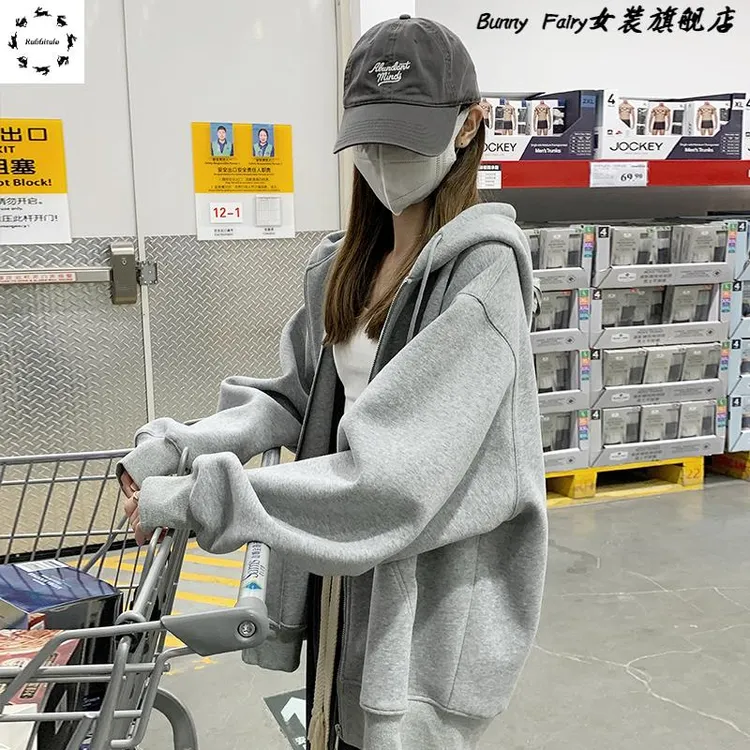 春秋款卫衣女2025新款爆款美式拉链开衫连帽上衣休闲宽松灰色外套