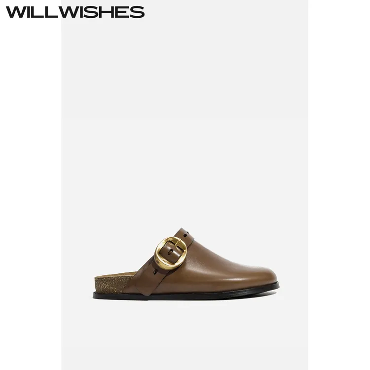 WILLWISHES/王玎女鞋简约圆头懒人一脚蹬平底单鞋女包头拖鞋